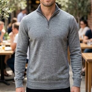 Express Mens Merino Wool Blend Quarter Zip Sweater Heather Gray Mock Neck 3990
